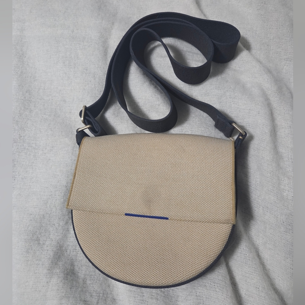 Rothy's Beige and Navy Crossbody Saddle Bag